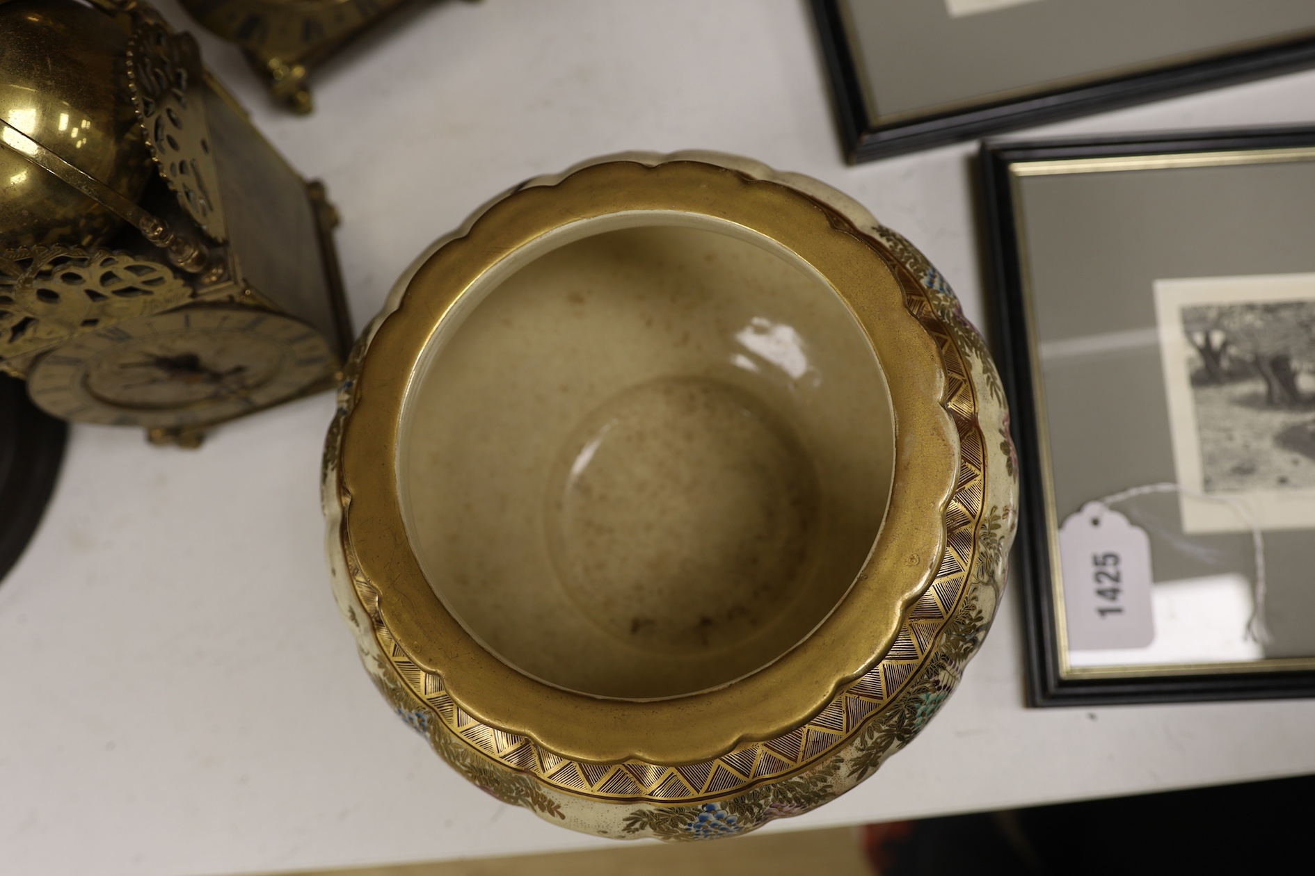 A Japanese Satsuma large bowl, 15cm high. Condition - heavily stain inside some grazing to lower rim and gilt scuffed on top rim of bowl